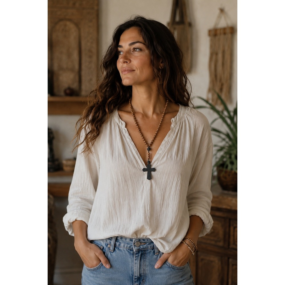 Handmade Wooden Beaded Cross‎ Necklace